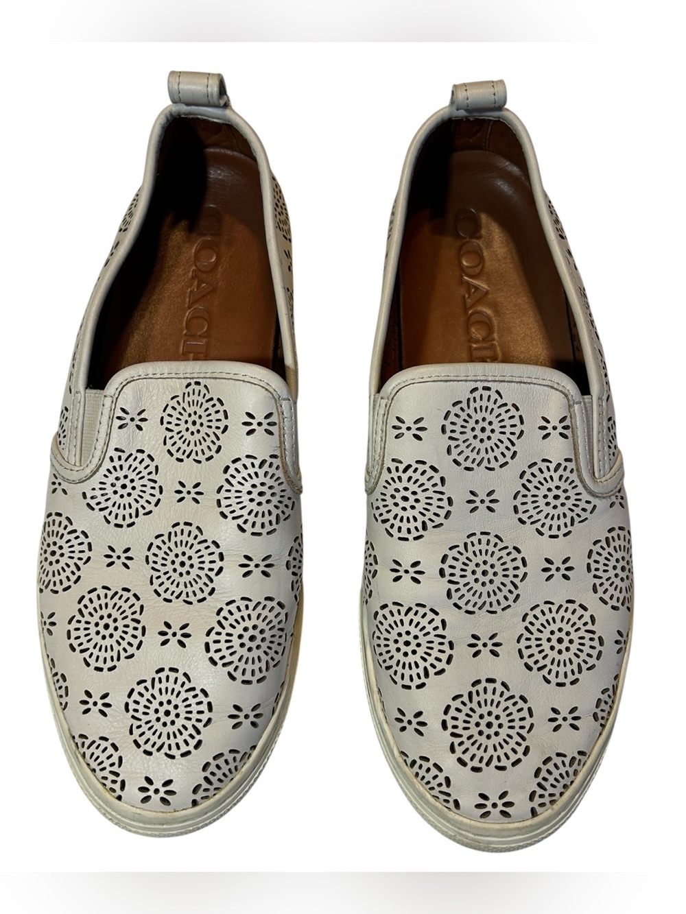 Coach Leather Laser Cut Floral Slip-On Sneakers Ivory Cream Women’s Loafers